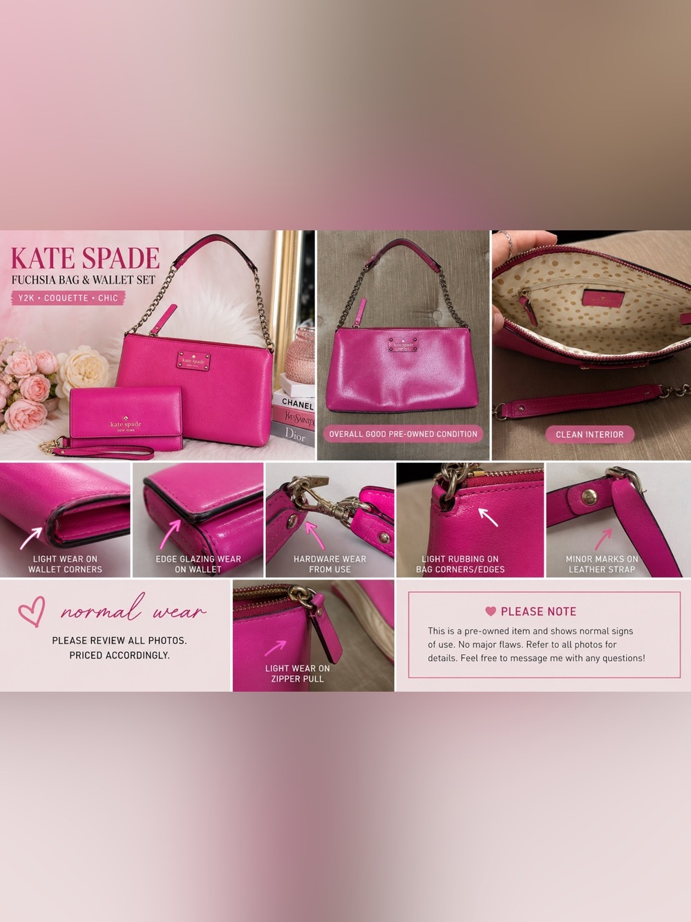 Kate Spade Fuchsia Pink Matching Purse & Wallet Set Y2K Coquette Barbiecore - Picture 3 of 8